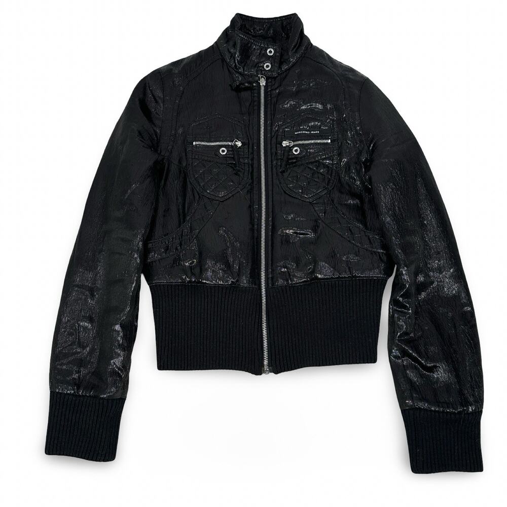 Moschino Jeans Moto Jacket Women's 6 Black Shiny Textured Wool Blend Italy Zip